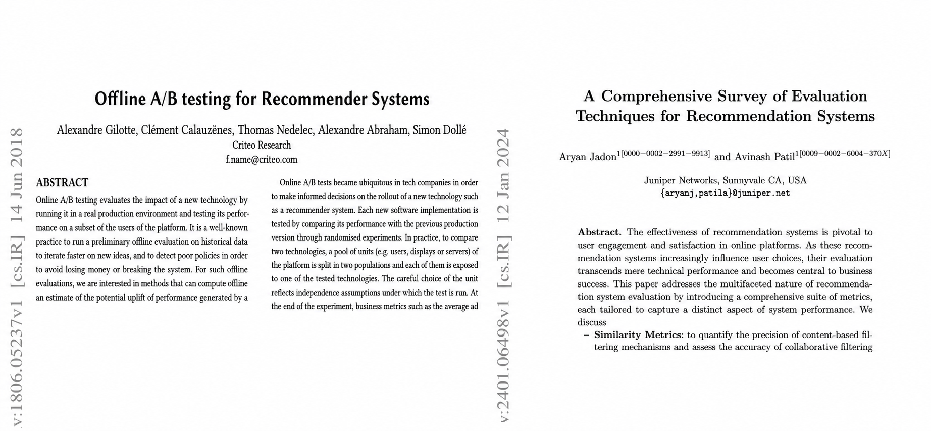 Side-by-side first pages of papers about offline A/B testing and recommendation-system evaluation