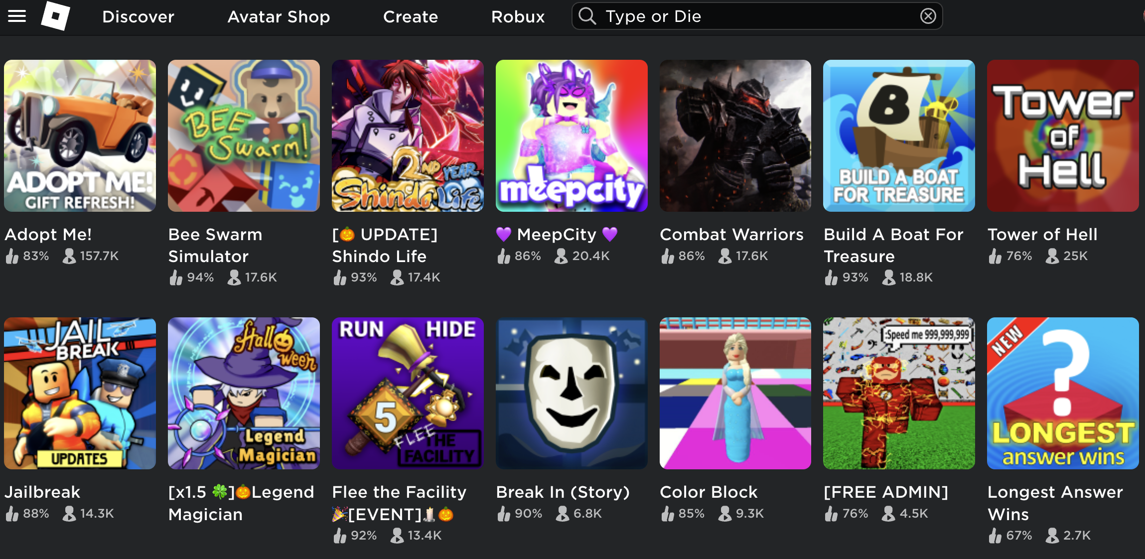 A Roblox Discover search page showing many game recommendations