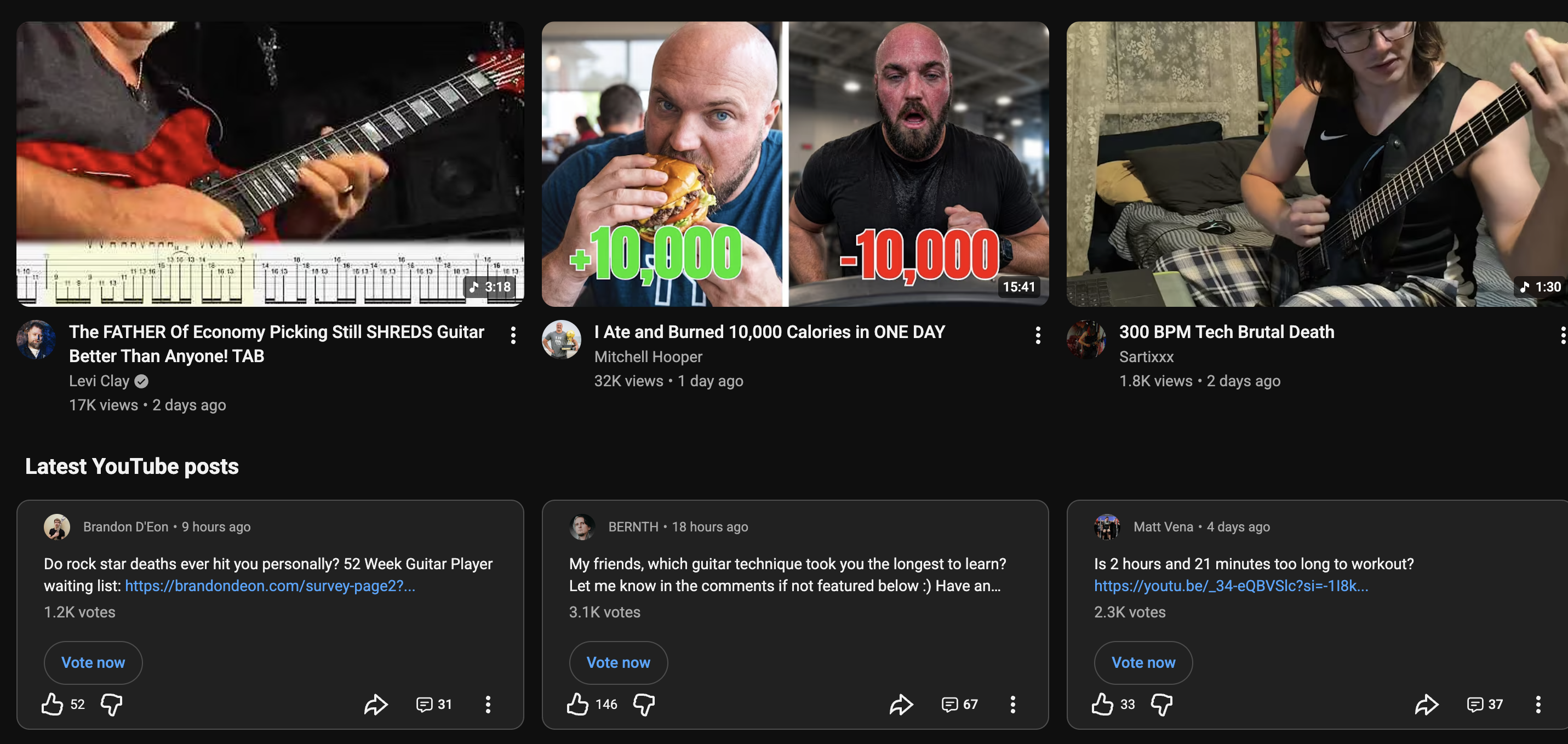 A personalized YouTube home page containing guitar, armwrestling, and music recommendations